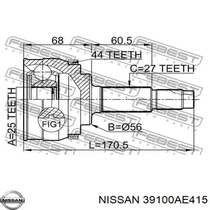 ШРУС наружный передний 39100AE415 Nissan/Infiniti