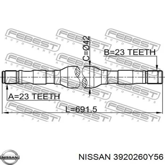 3920260Y56 Nissan полуось (привод передняя правая)