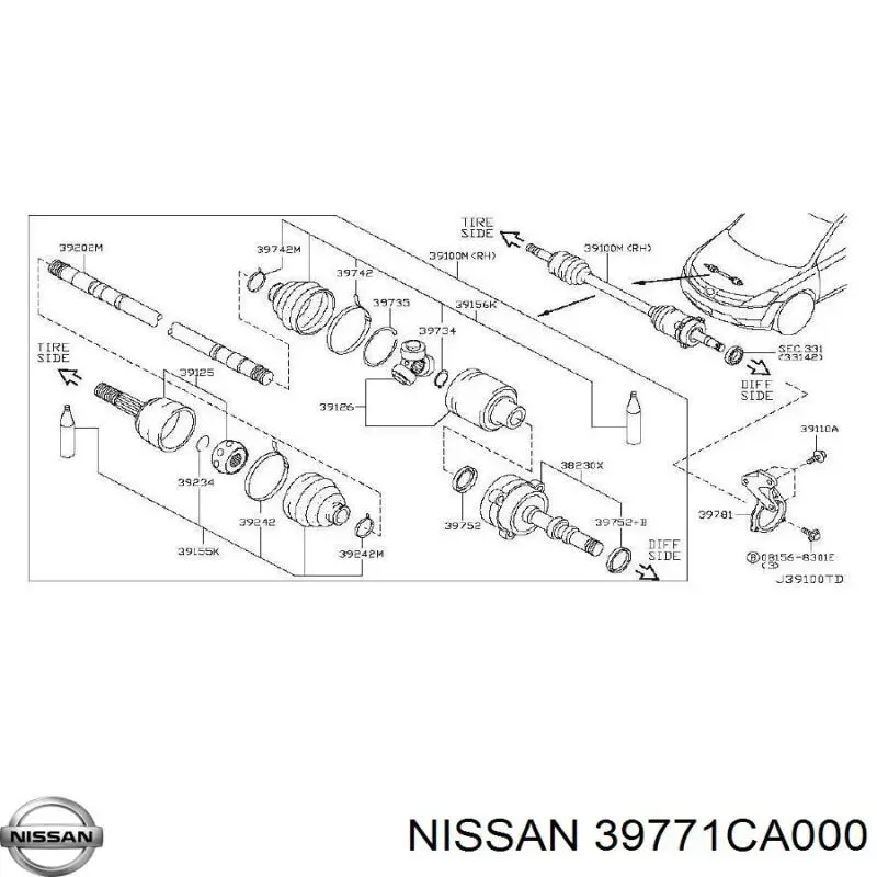 Купить 39771CA000 Nissan/Infiniti Шарнир угловых скоростей передний правый