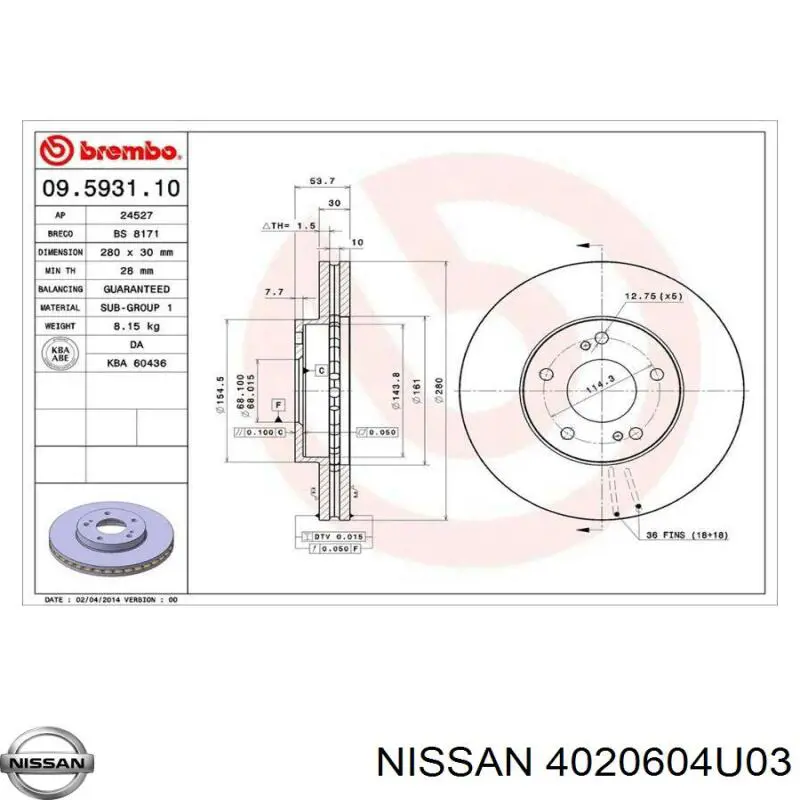 Купить 4020604U03 Nissan/Infiniti Ротор тормозной