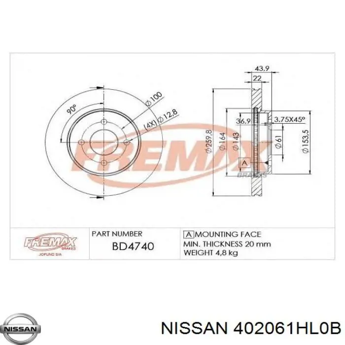 402061HL0B NISSAN Disco de freno delantero original y equivalente