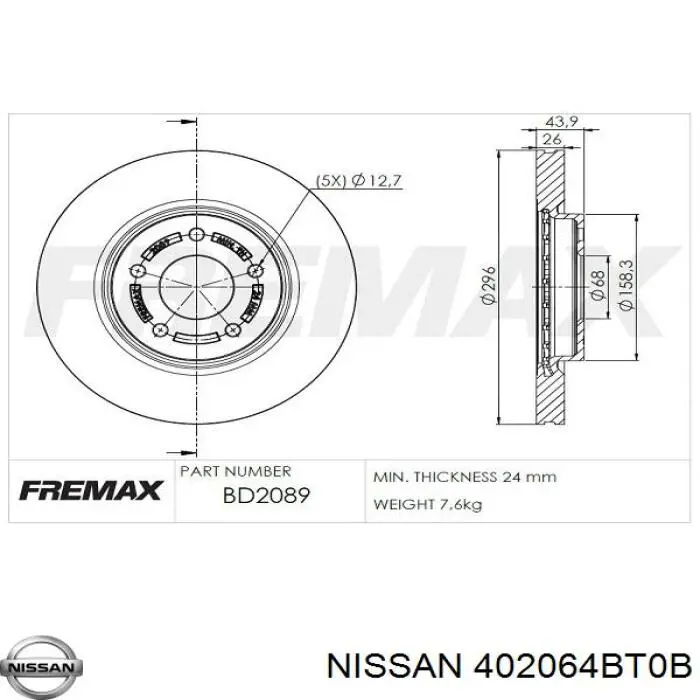 Передние тормозные диски 402064BT0B Nissan/Infiniti