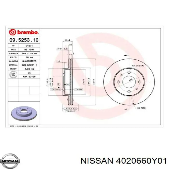 Тормоз дисковый передний Nissan/Infiniti 4020660Y01 цена, от 33.55 USD