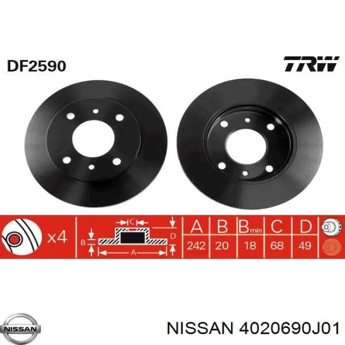 Передние тормозные диски 4020690J01 Nissan