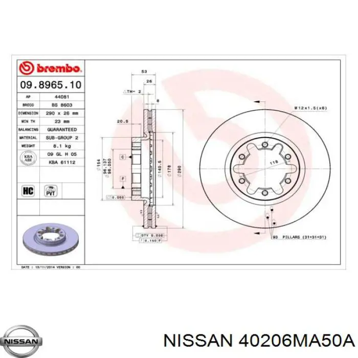 Передние тормозные диски 40206MA50A Nissan