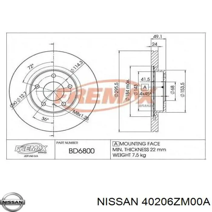Тормоз дисковый передний Nissan/Infiniti 40206ZM00A цена, от 41.82 USD