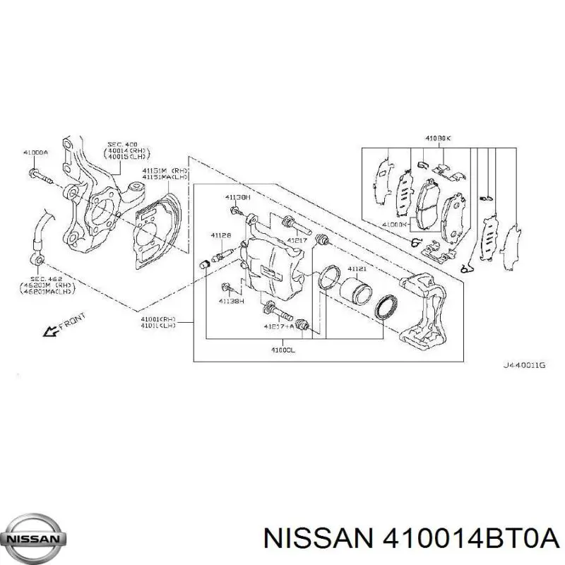 410014BT0A Nissan суппорт тормозной передний правый