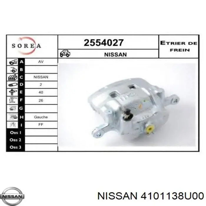 Суппорт тормозной передний левый 4101138U00 Nissan