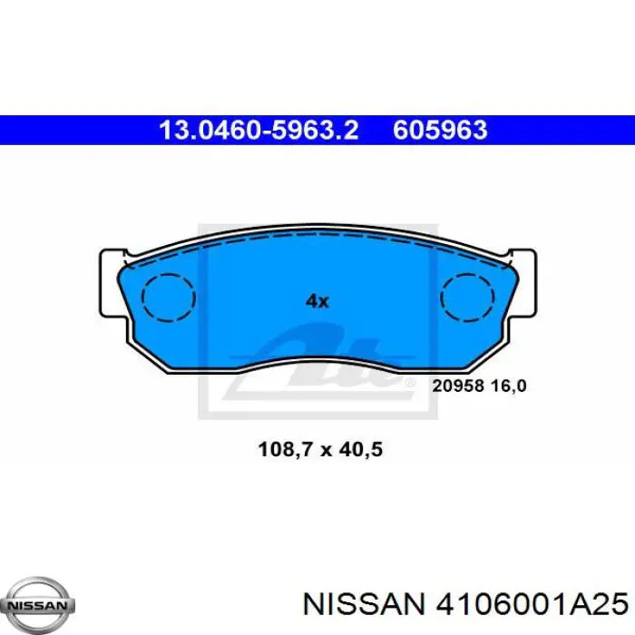 4106001A25 Nissan колодки тормозные передние дисковые