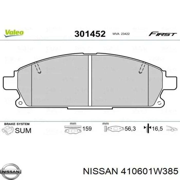 410601W385 Nissan колодки тормозные передние дисковые