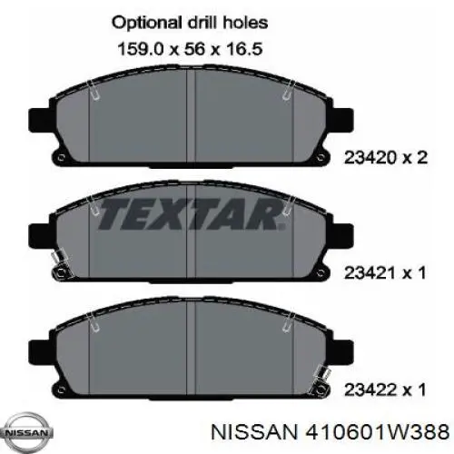 410601W388 Nissan колодки тормозные передние дисковые