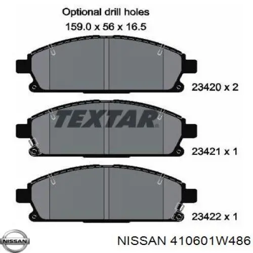 410601W486 Nissan колодки тормозные передние дисковые