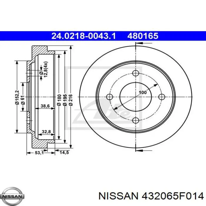 Тормозной барабан 432065F014 Nissan