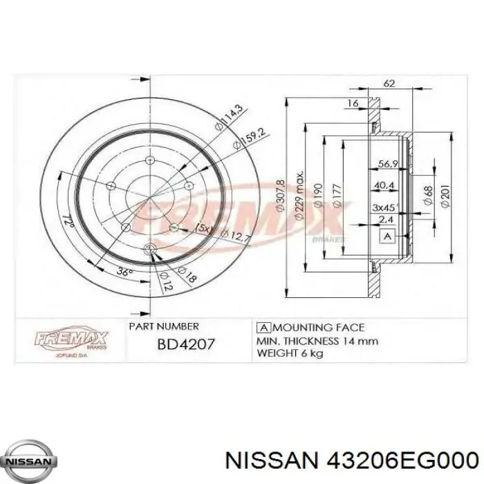 Тормозные диски 43206EG000 Nissan/Infiniti