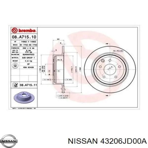 43206JD00A Nissan disco do freio traseiro