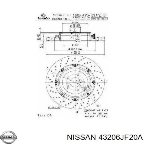 Тормозные диски 43206KJ10A Nissan/Infiniti