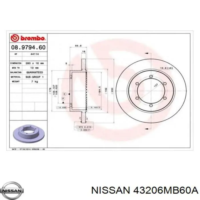 Тормозные диски 43206MB60A Nissan