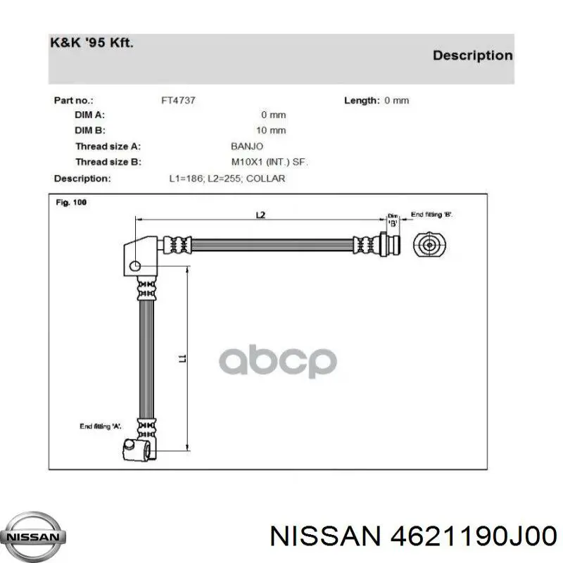 Шланг тормозной передний, левый K&K FT4737 цена, от 22.25 USD
