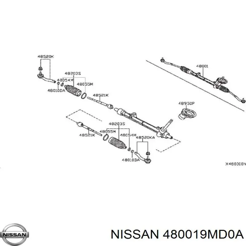 480019MD0A Nissan cremalheira da direção