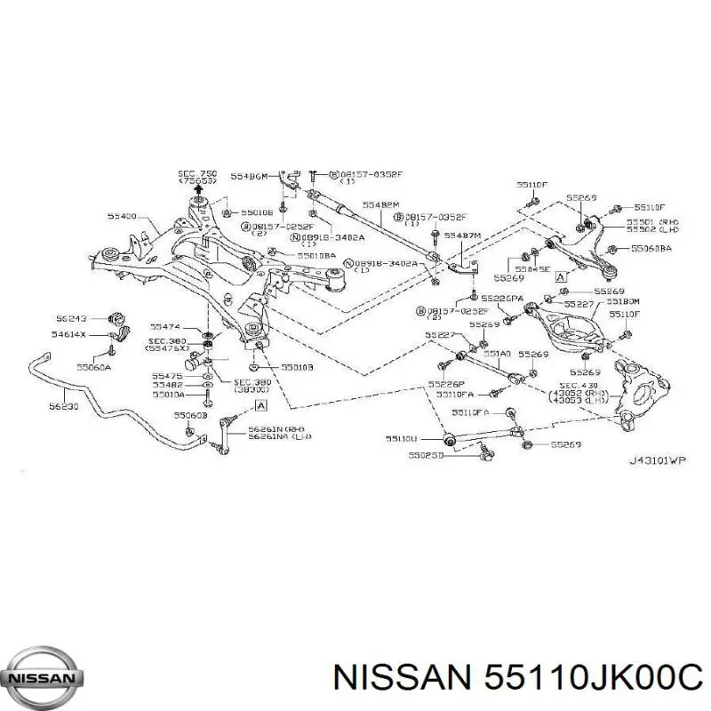 55110JK00C Nissan braço oscilante (tração longitudinal inferior esquerdo/direito de suspensão traseira)