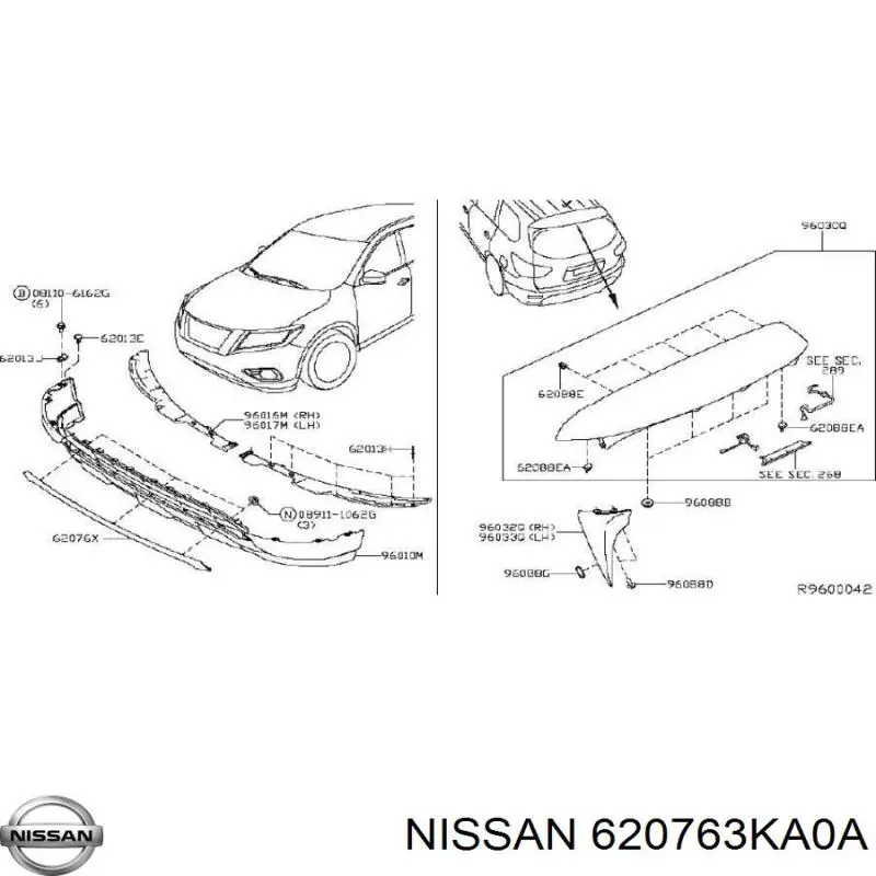 Молдинг решетки бампера переднего нижний Nissan 620763KA0A