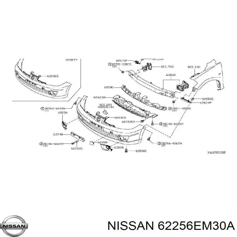 62256EM30A Nissan tampão (grelha das luzes de nevoeiro do pára-choque dianteiro direito)