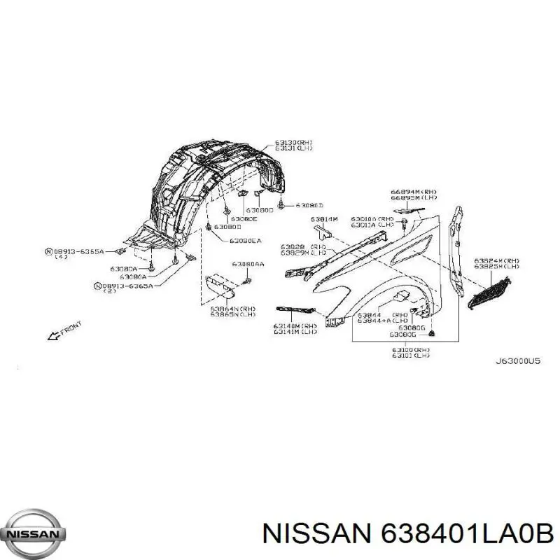 Правый подкрылок переднего крыла Nissan/Infiniti 638401LA0B цена, от 164.28 USD