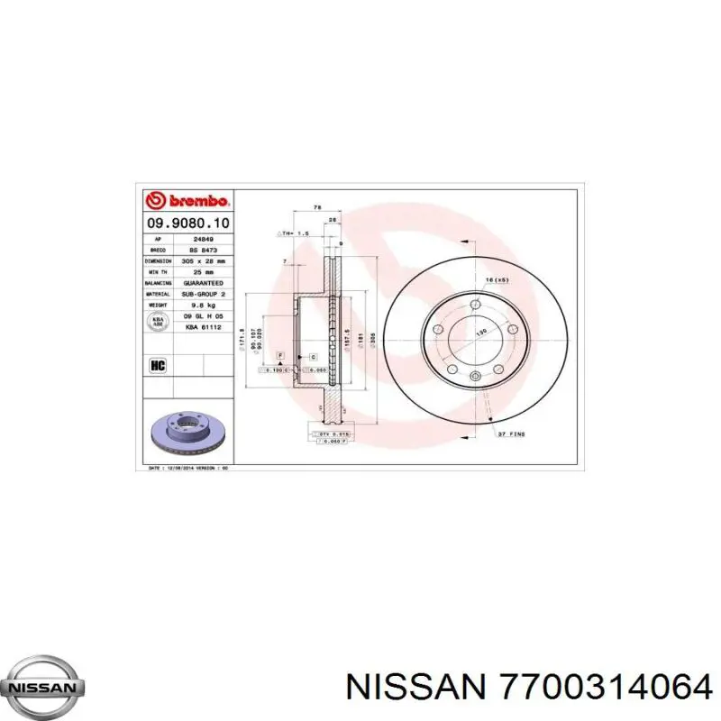 Передние тормозные диски 7700314064 Nissan