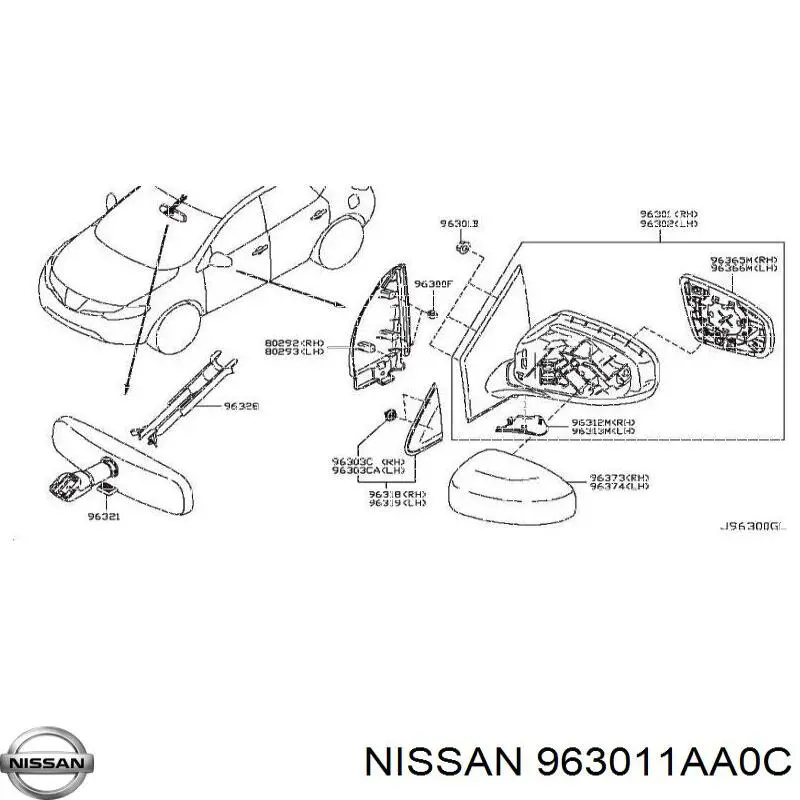 Правое боковое зеркало 963011AA0C Nissan