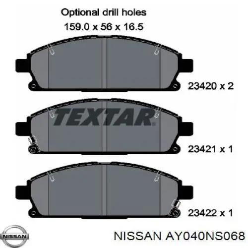 Передние тормозные колодки AY040NS068 Nissan