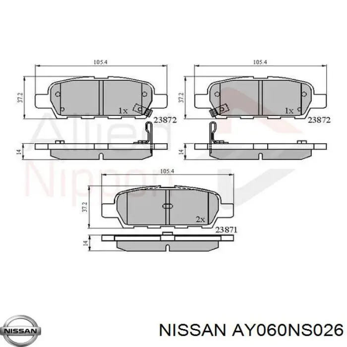 Купить AY060NS026 Nissan/Infiniti Колодки тормозные задние, дисковые