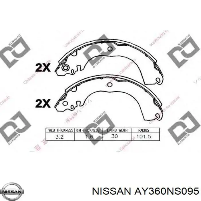 Задние барабанные колодки AY360NS095 Nissan