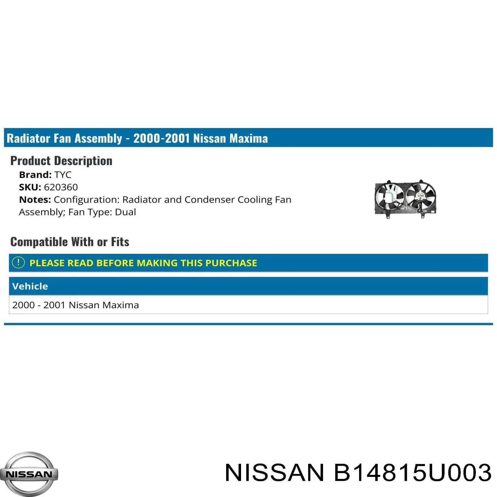 Диффузор радиатора охлаждения в сборе с мотором и крыльчаткой Nissan/Infiniti B14815U003 цена, от 1112.81 USD