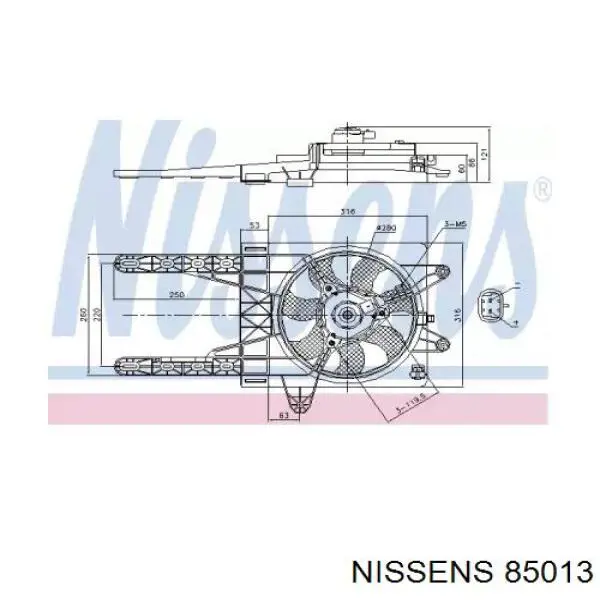 85013 Nissens диффузор радиатора охлаждения, в сборе с мотором и крыльчаткой