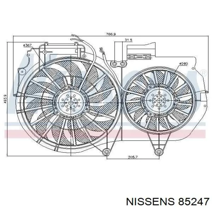 85247 Nissens диффузор радиатора охлаждения, в сборе с мотором и крыльчаткой