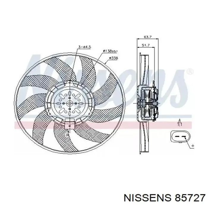 85727 Nissens ventilador elétrico de esfriamento montado (motor + roda de aletas direito)