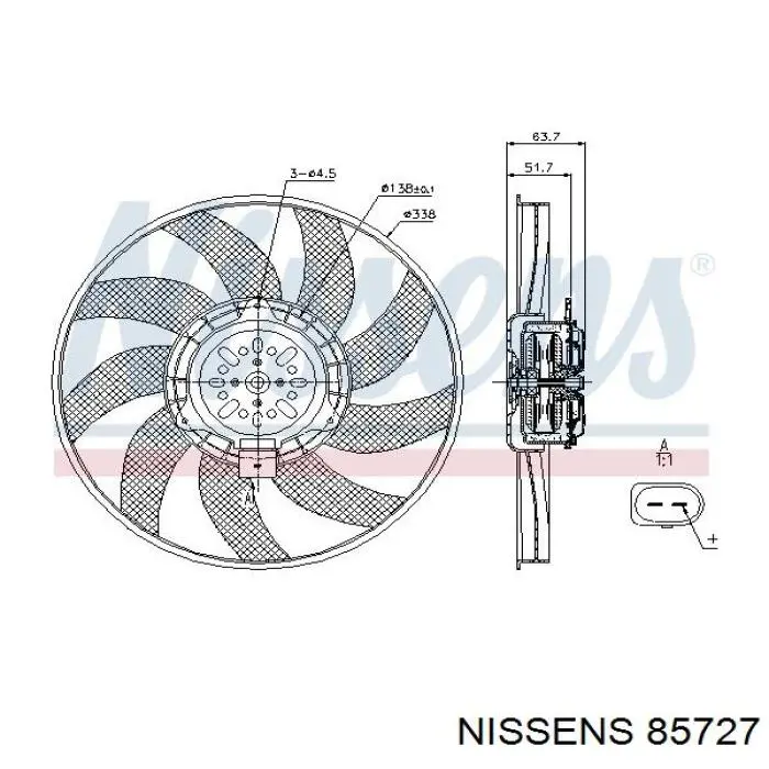 Ventilador (rodete +motor) refrigeración del motor con electromotor derecho 85727 Nissens
