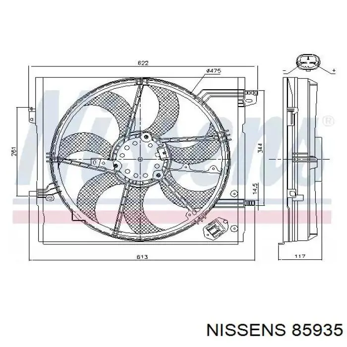 85935 Nissens difusor do radiador de esfriamento, montado com motor e roda de aletas