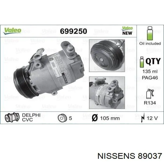 Compresor de aire acondicionado 89037 Nissens
