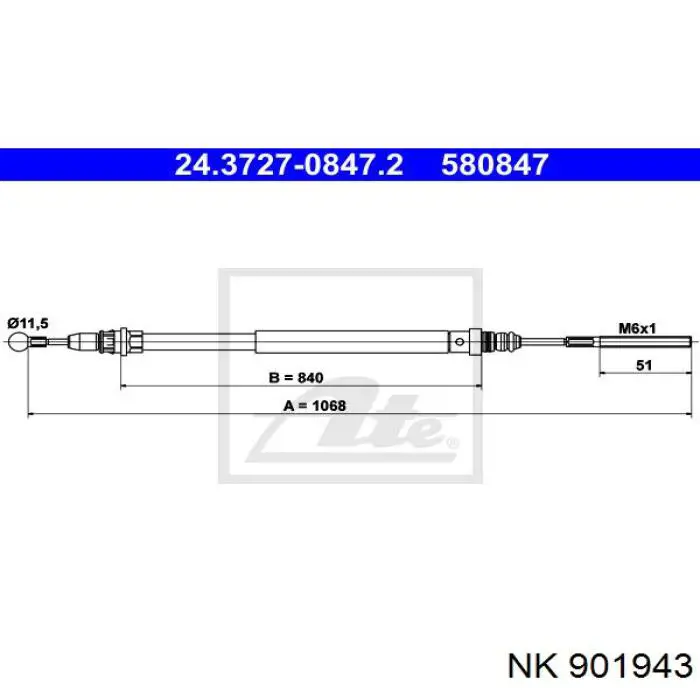 Купить 901943 NK Трос стояночного тормоза задний левый