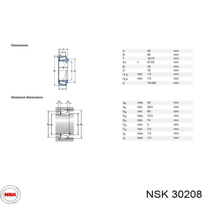 30208 NSK Подшипник дифференциала заднего моста