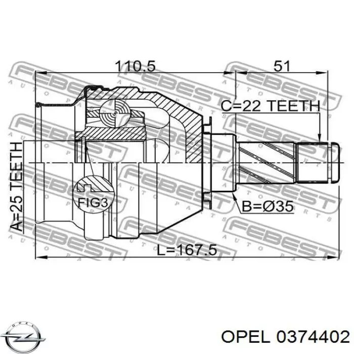 Шарнир угловых скоростей внутренний передний Opel 0374402 цена, от 37.40 USD