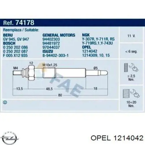 Купить 1214042 Opel Свечи накала