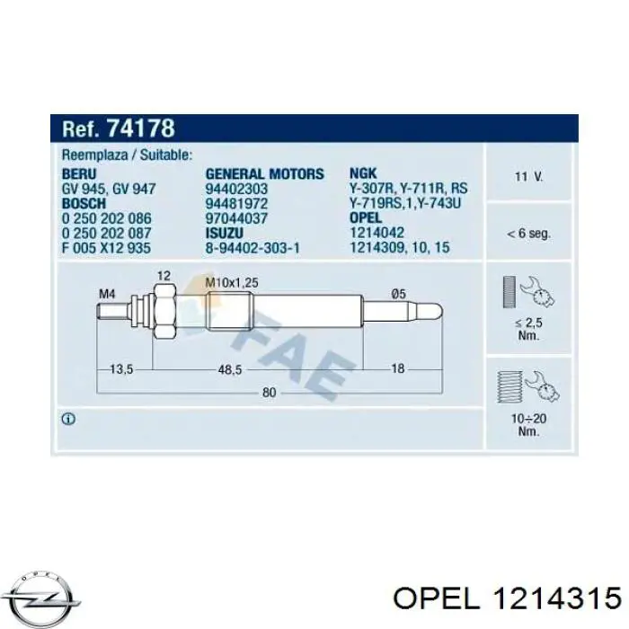 Свечи накала Opel 1214315 цена, от 6.47 USD