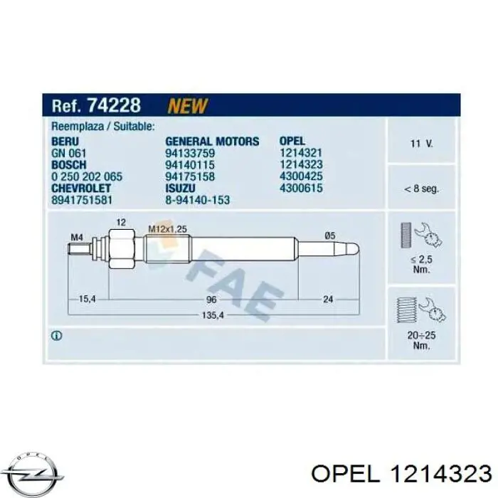 Свечи накала Opel 1214323 цена, от 6.97 USD