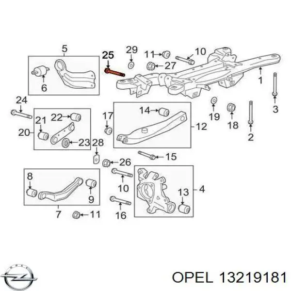 Болт крепления заднего развального рычага, внутренний 13219181 Opel