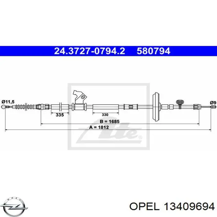 13409694 Opel cabo do freio de estacionamento traseiro esquerdo