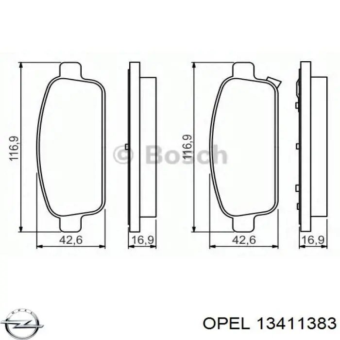 Задние тормозные колодки 13411383 Opel