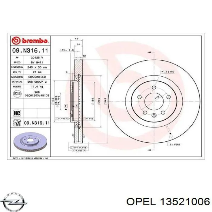Купить 13521006 Opel Ротор тормозной