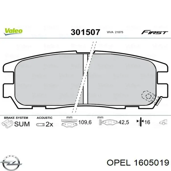 Купить 1605019 Opel Колодки тормозные задние, дисковые